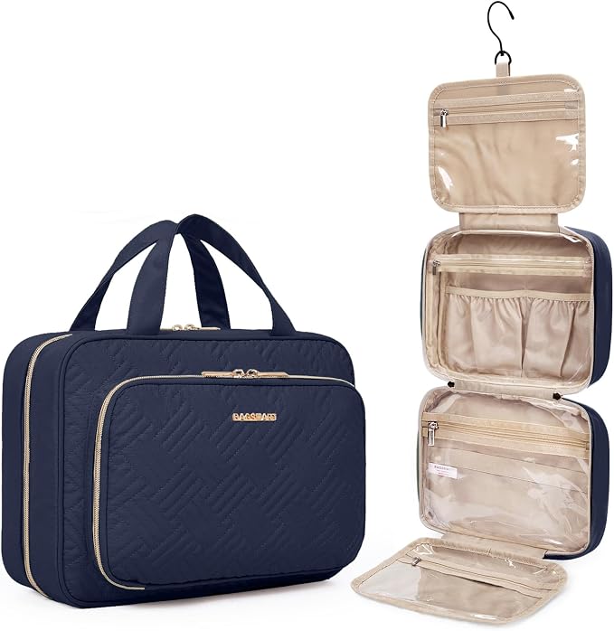 BAGSMART Toiletry Bag Hanging Travel Makeup Organizer with TSA Approved Transparent Cosmetic Bag Makeup Bag for Full Sized Toiletries, Medium-Navy