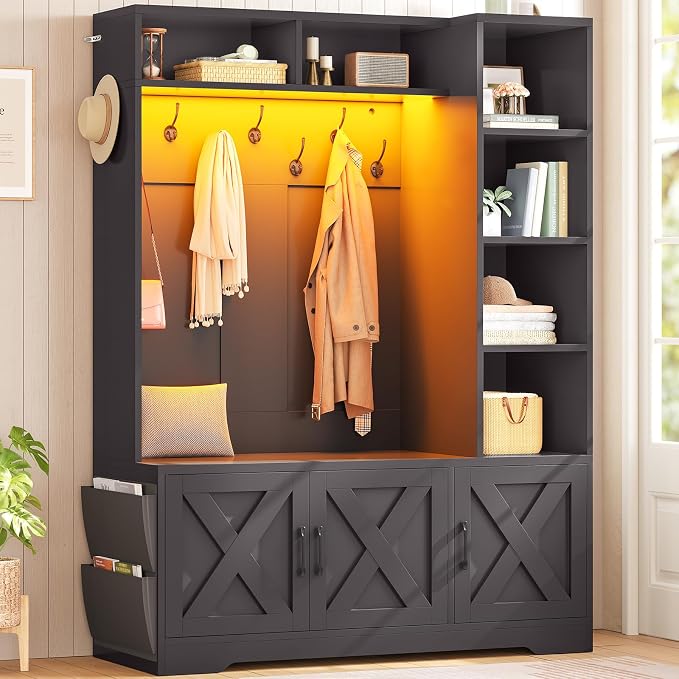 Itaar Hall Tree with Bench and Shoe Storage, Farmhouse Entryway Bench with Coat Rack, Shoe Cabinet with Adjustable Shelves, 6 Storage Cubbies, 10 Coat Hooks, Storage Bag, Led Lights, Black