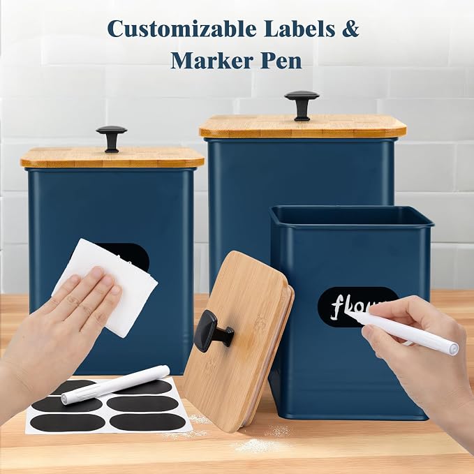 Kitchen Canisters Set of 3, Metal Flour Sugar Storage Containers with Airtight Lids-Canisters Sets for Kitchen with Customizable Chalkboard Labels & Marker Pen-Spice, Coffee Storage Jars(Dark Blue)