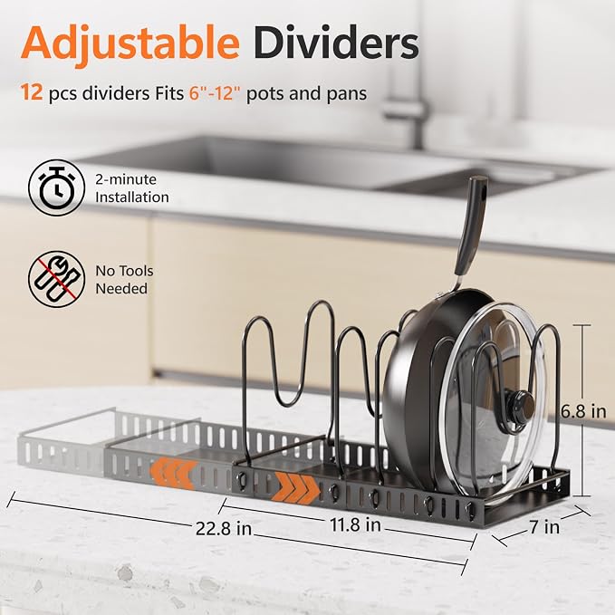 HzTinT Expandable Pots and Pans Organizer Under Cabinet, 12 Dividers | Pot Lid Organizer with Solid Steel Base, Pan Organizer with Adjustable Dividers for Pots, Pans, Cutting Boards & Bakeware.