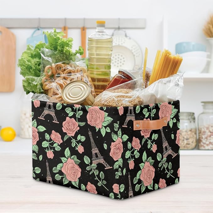 Rectangular Storage Bins Pink Rose Eiffel Tower Pattern Collapsible Fabric Storage Basket Organizer with Handles for Nursery Bedroom Bathroom