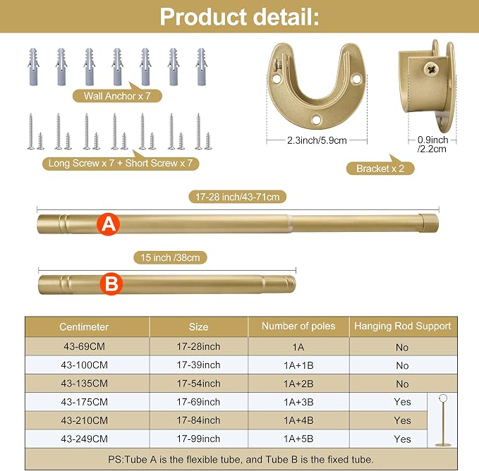 Adjustable Closet Rod for Hanging Clothes, 17-69inch Heavy Duty Metal tension clothes rod，1.3Inches Closet Pole with Hardware Kit for Closet Organization Laundry Room RV, Gold