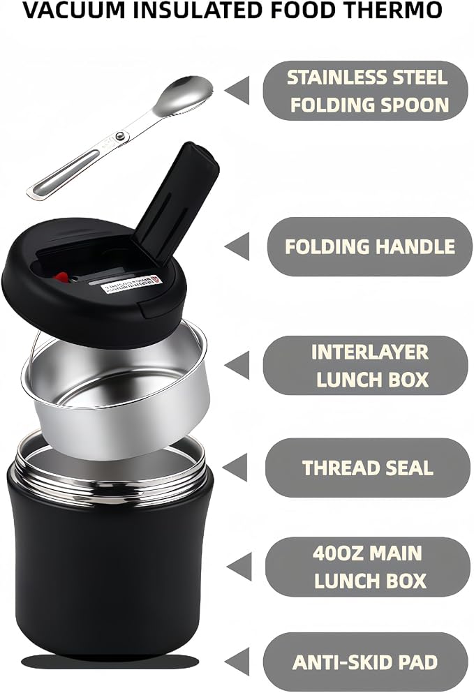 40oz Insulated Lunch Container with Thermal Bag & Folding Spoon – Stainless Steel Leak Proof Food Jar, Large Capacity Bento Box for Hot Food, Thermos for Adults Office Work