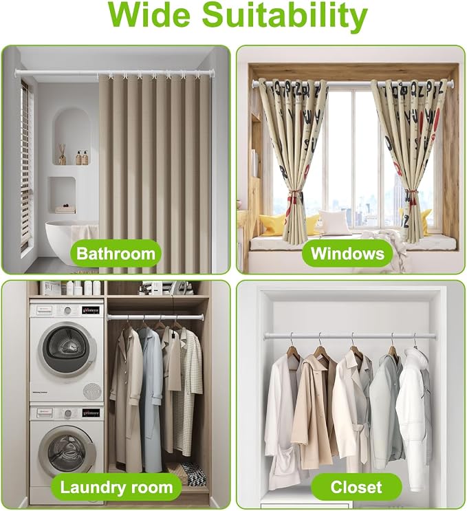 Closet Rod for Hanging Clothes Upgraded Extra Strong, 52 to 64 Inches Adjustable Heavy Duty Closet Rod, White