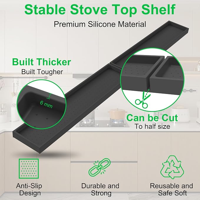 Mofason Silicone Magnetic Stove Top Shelf - 30 Inch Spice Rack Black | Kitchen over stove oven shelf, non-slip above stovetop tray for back of stove; magnetic spice rack organizer, oven top shelf