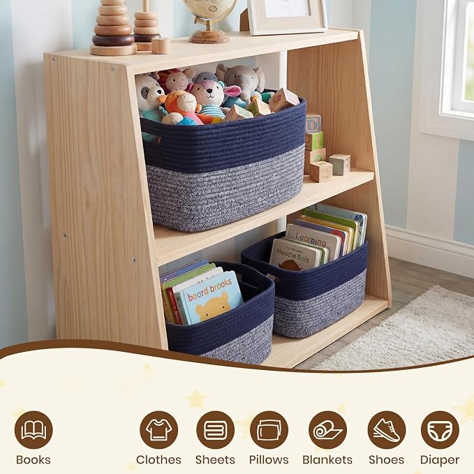 Storage Baskets for Organizing, 14 x 10 x 9” Closet Shelf Woven Baskets, Square Bins with Handles, Cotton Rope Basket for Clothes, Office, Room, Grey+Blue 1 Pack