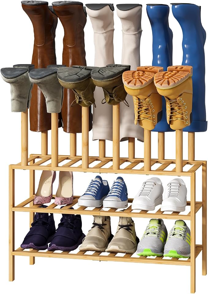 viewcare Boot Rack with Shoe Rack, Boot Rack Organizer Tall Boots for Closet, Bamboo Wood Shoe Shelf Storage Organizer for Entryway Small Space