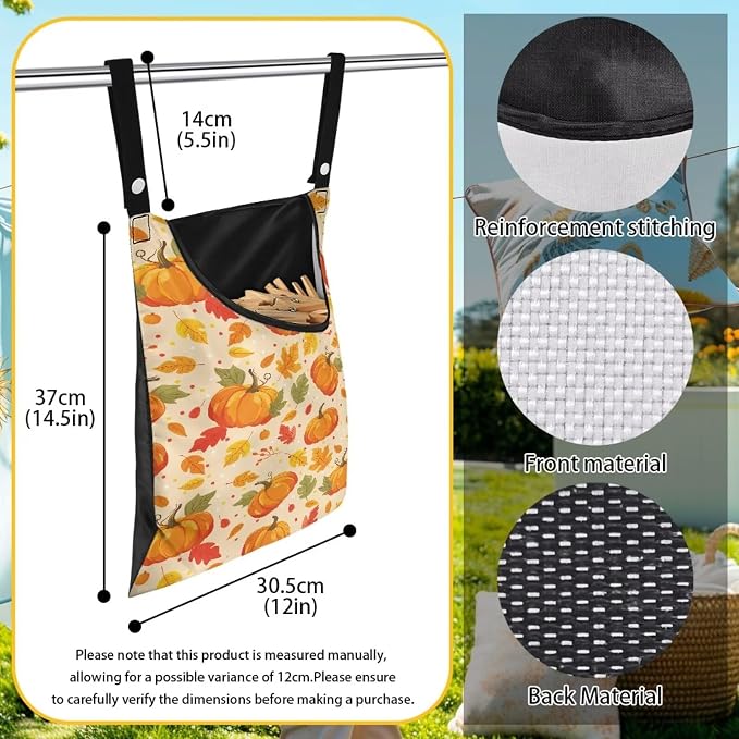 Maple Leaf Clothespin Bags Pumkpin Laundry Hanging Storage Organizer Clothes Pin Hanging Bags with Rope Clothespin Holder with an Space-Saving Opening for Clothesline Outdoor