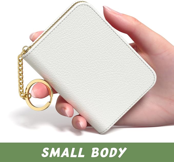 Aiawoxc Credit Card Holder for Women, Small RFID Wallet Slim Leather Business Card Organizer Case with Zipper and Keychain, White