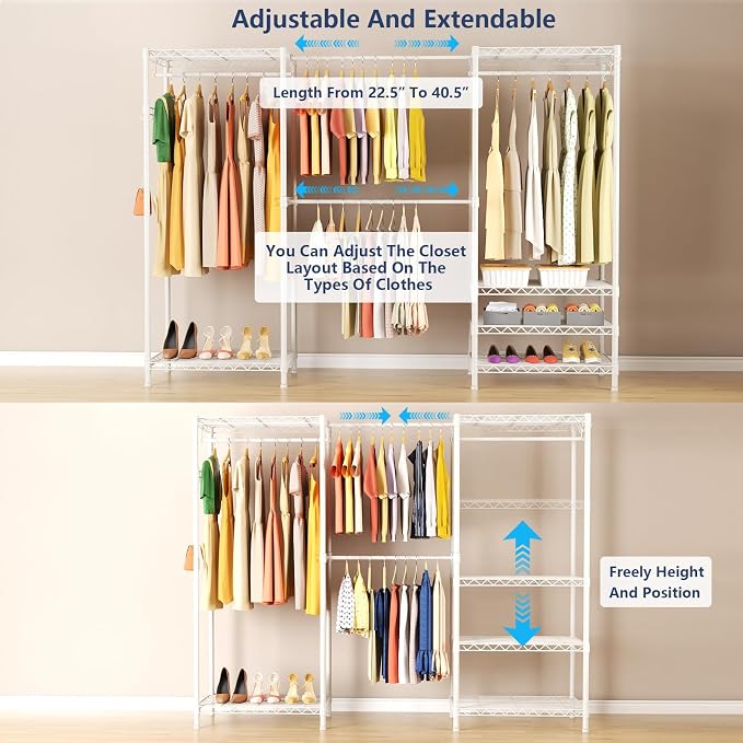 Heavy Duty Clothing Rack with Adjustable Shelves Clothes Wardrobe | Coat Rack Metal Closet Organizer and Storage Garment Rack for Hanging Clothes Wire Portable Cloth System Free Standing White