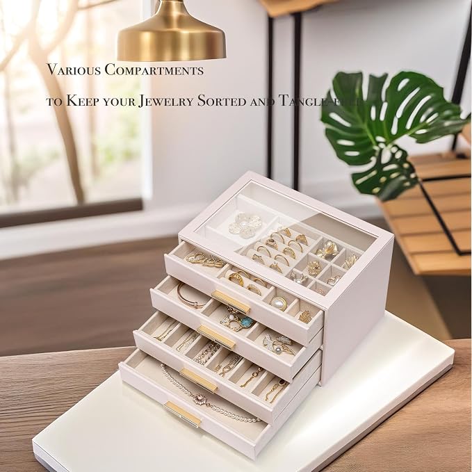 VLANDO 4-Drawer Jewelry Box with Glass Lid, Faux Leather Organizer for Rings Earrings Necklaces and More, Gift-Ready Jewelry Case for Women Girls or Moms, Pink Beige