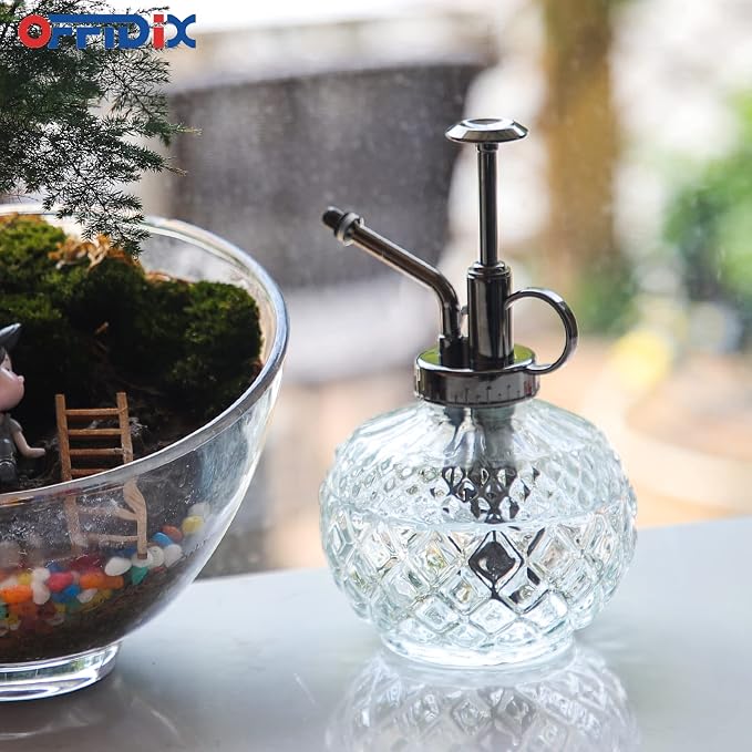 OFFIDIX Plant Mister, 300ML Vintage Glass Spray Bottle with Plastic Top Pump, Small Decorative Spritzer Watering Can for Indoor Outdoor House Plants (Clear)
