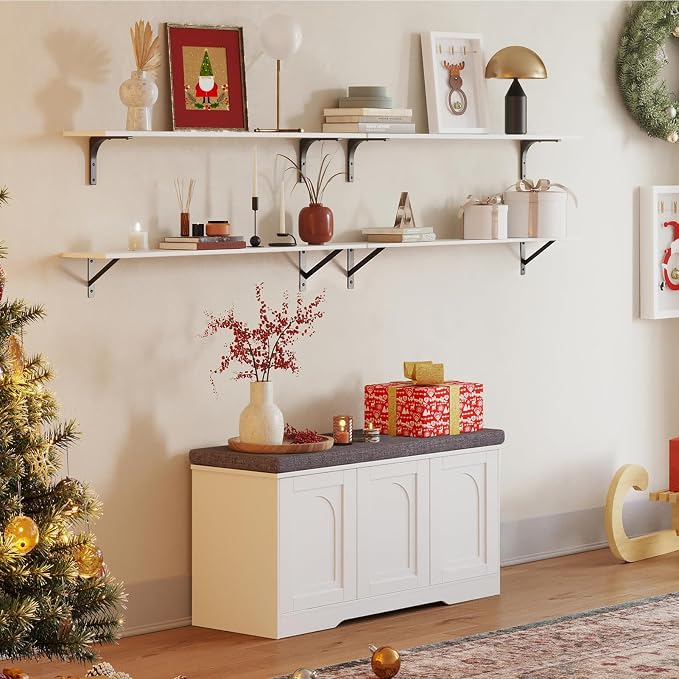 DINZI LVJ Shoe Bench, Entryway Storage Bench with Doors, Cushion, 3-Tier Shoe Rack with 9-Cubby, 39.4" L x 13.8" W Shoe Organizer Cabinet, Fully Adjustable Shelves, Living Room, Bedroom, White