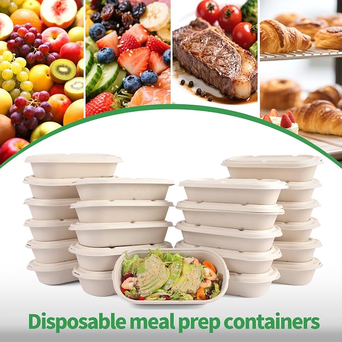 50Pcs(24oz) Disposable Meal Prep Food Containers with Lids | Lunch Salads Microwaveable and Freezable Compostable Safe Non Plastic Food Storage，Biodegradable Take Out Food Bento Boxes.