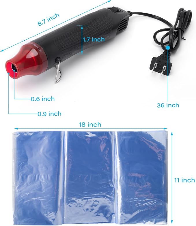 Shrink Wrap Bags Kit with 18x 11 Inches Shoe Heat Shrink Wrap Bags x 50 Pcs, Mini Heat Gun x 1 for Shoe Books Storage Avoid Sole Yellowing and Keep Dust Away