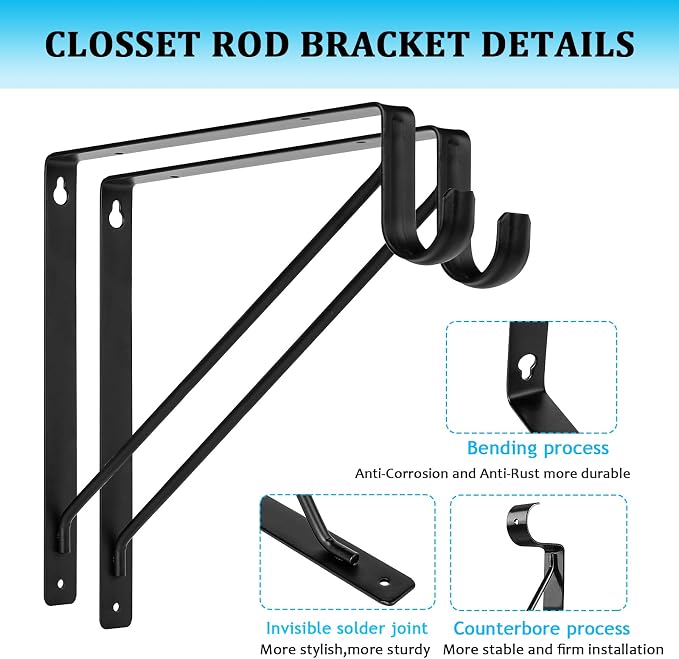 4PCS Heavy Duty Black Closet Rod Brackets 11 x 11 Inch,1-3/8Inch Diameter Shelf and Rod Bracket Holder for Home and Closet Decor, Wall Mount Closet Pole Supports Bracket Hook with Screws