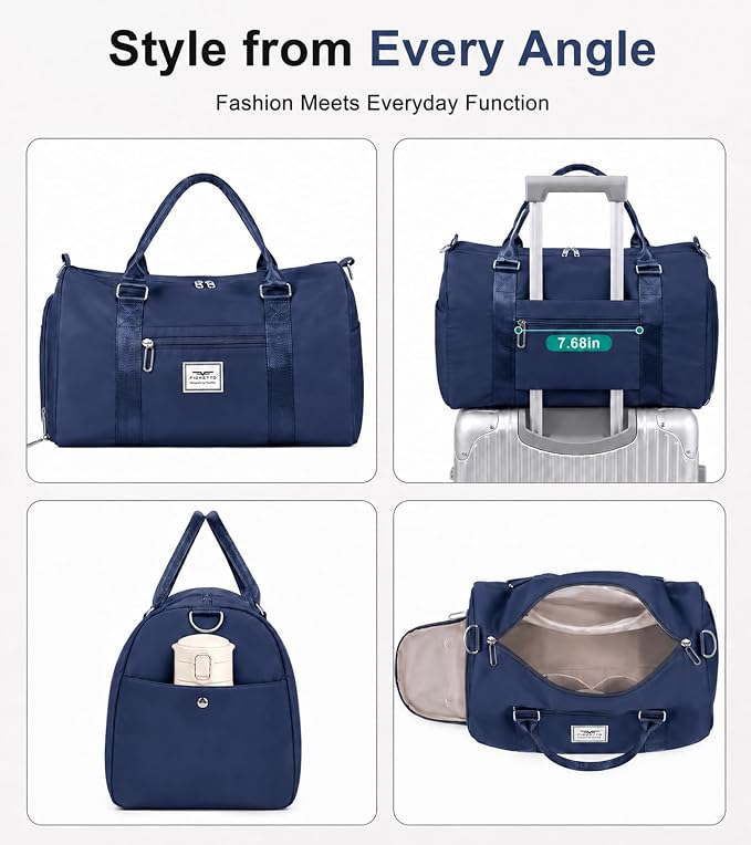 FIORETTO Womens Gym Tote Duffle Bag with Wet Pocket & Shoe Compartment, Sports Duffel Overnight Weekender Hospital Workout Carry on Bag for Girls, Ideal for Travel, Swimming, Dance, Ballet Navy Blue