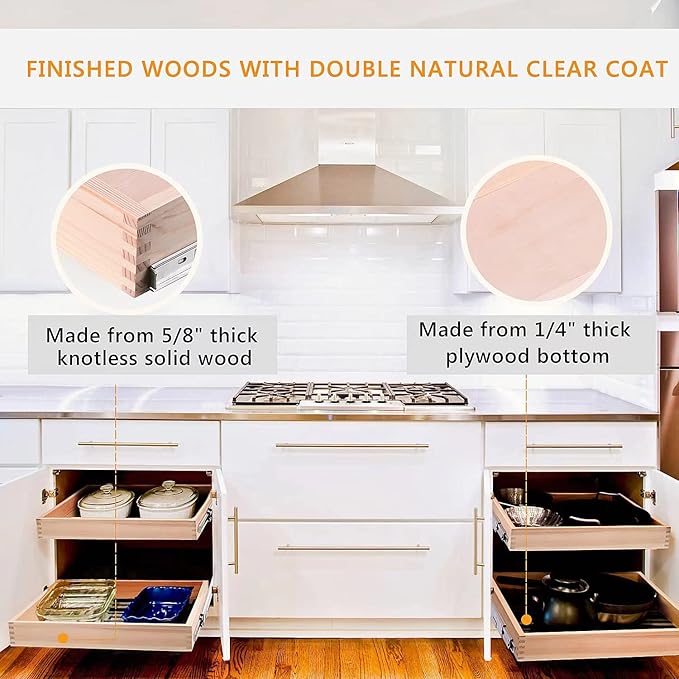 Mulush 20”W x 21”D x 3”H Soft Close Slide Out Wood Drawer Organizer for Kitchen, (Cabinet Width>20.5 inches for Bottom Assembly, Width= 20 inches for Side Assembly)