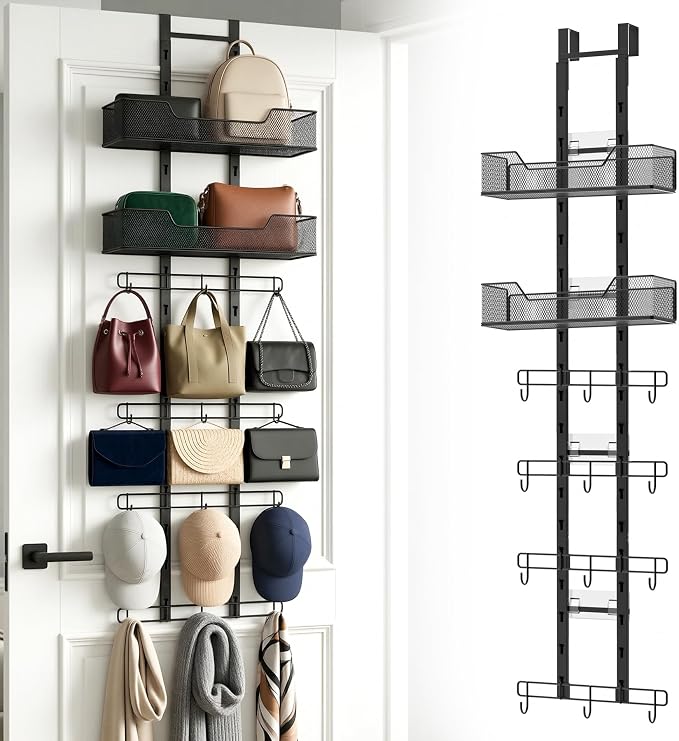 Over The Door Purse Organizer, Easy Installation Handbag Rack (Black) | No-Tool Setup | Foldable Space Saver | 12 Adjustable Metal Hooks | Dual Basket Storage | Stable Anti-Tilt Design | Bag Hanger