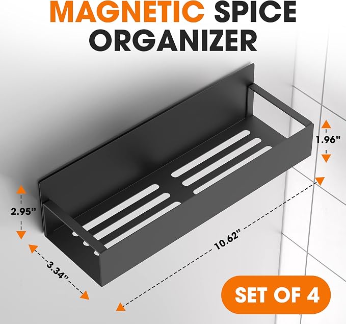 Cheer Collection Magnetic Spice Rack for Refrigerator Set of 4 Heavy Duty Metal Shelves, Corrosion-Proof Fridge Organizer for Kitchen Storage