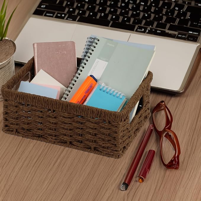Wicker Baskets, Baskets for Organizing, Rattan Woven Basket for Storage, Organizer Bins with Built-in Handles, Storage Basket for Shelves (Paper Rope, Small)