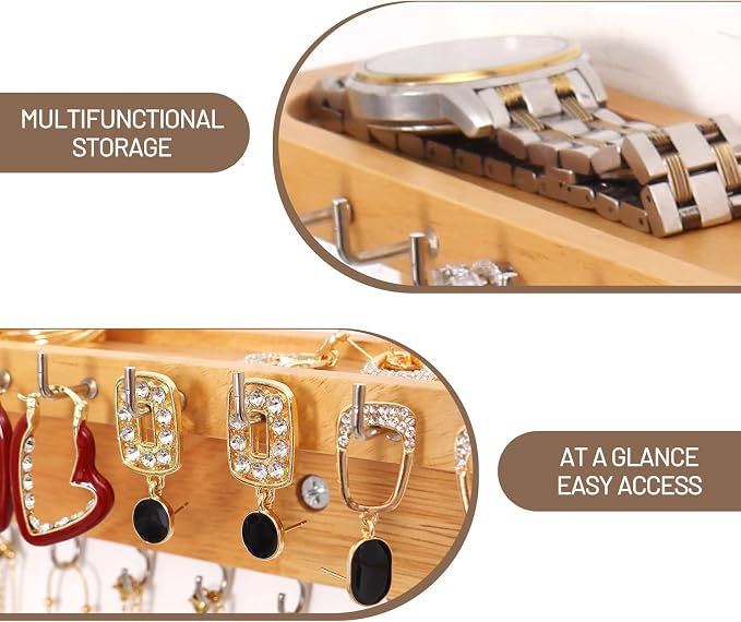 Necklace Holder Organizer Wall Mount,Jewelry Holder Organizer with 30 Hooks,Oak Jewelry Organizer and Storage for Necklaces,Bracelets and Rings (Wood Color)