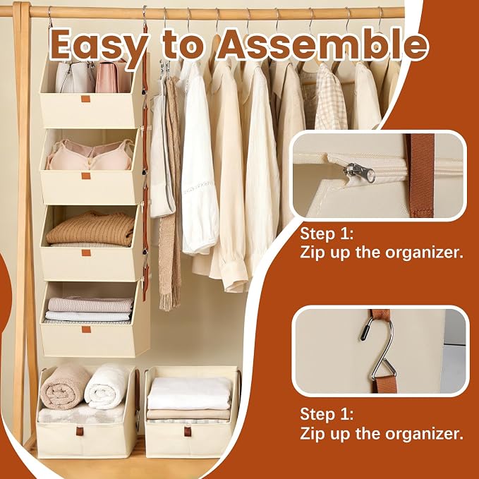 4 Tier Hanging Closet Organizer,Stackable Hanging Clothes Shelves,Space-Saving Closet System with Metal Hook,Fabric Collapsible Storage Baskets for Rv,Home,Homestay,Dorm(Beige)