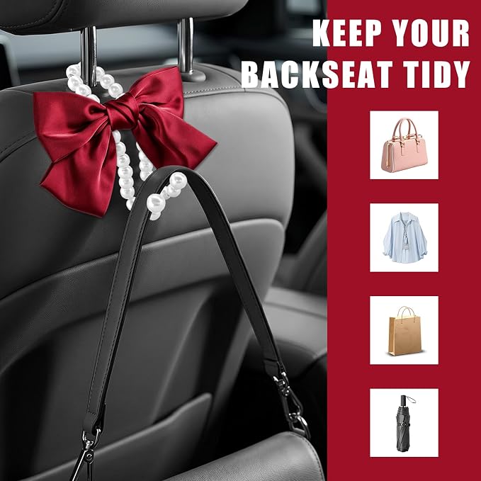 2 PCS Bow Pearl Car Seat Headrest Hook, Car Seatback Hanging Organizer Elegant Pearl Purse Hanger, Cute Bow Vehicle Interior Headrest Storage Hook for Handbag Purse Coat (Red)