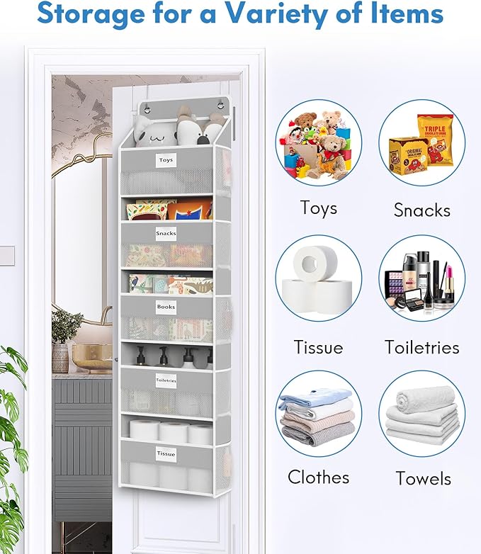 Optish Over The Door Organizer Hanging, 2 Pack 5 Shelf Behind The Doors Storage, Pantry Door Organizer, Closet Organizers for Bedroom and Nursery (Grey)