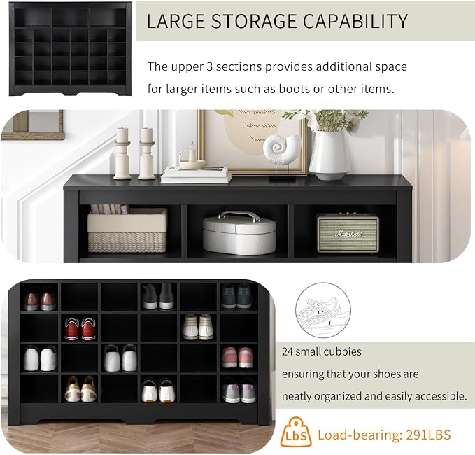 Flieks 24-Cube Organizer Shoe Storage Cabinet, Stylish Design Shoe Cabinet with Multiple Storage Capacity, Free Standing Cabinet with Curved Base for Entryway, Living Room, Hallway, Black