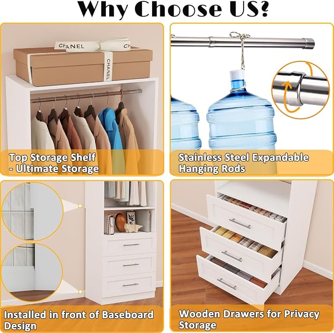 Closet System with Drawers, 2FT Closet Organizer System 23.7" Wood Walk-in Closet Shelf Corner Small Closets Storage System with Hanging Rods Modular White (2FT)