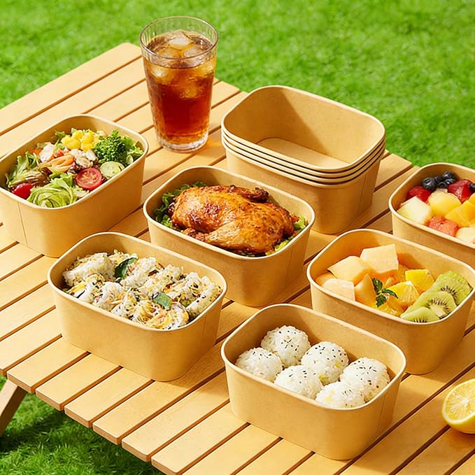25 Pack 35oz Disposable Kraft Paper Bowls with Lids and Forks, Rectangular Meal Prep Containers, Microwave Safe for Hot/Cold Food
