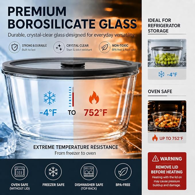 2 Pack Extra Large Glass Food Storage Containers with Lids, 90 oz & 52 oz | Airtight & Leakproof Glass Containers Microwave Freezer Dishwasher Safe Premium Borosilicate Glass for Meal Prep
