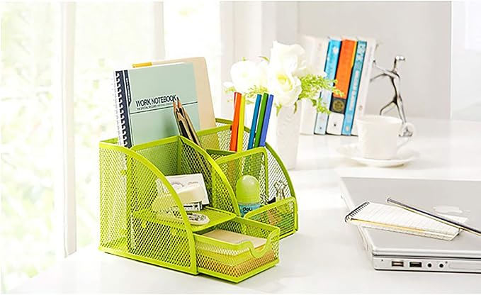 VANRA Office Supply Caddy Mesh Desk Organizer School Supply Holder 6 Compartments with Drawer (Green)
