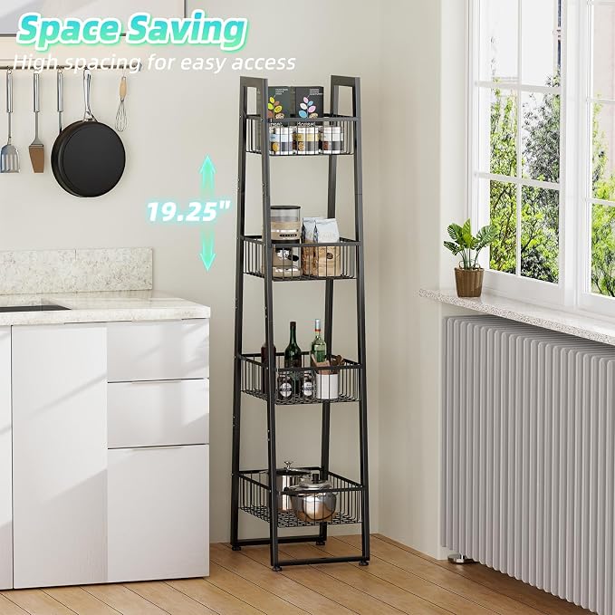 Simple Trending 4 Tier Wire Market Basket Standw, Fruit Basket Storage Stand for Vegetables, Bread, Onions, Potatoes, Black