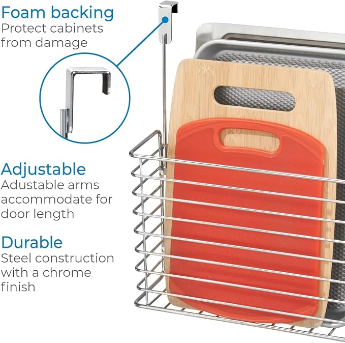 iDesign Classico Metal Over the Cabinet Kitchen Bakeware Organizer Basket for Cutting Boards, Baking Sheets, Pans, 13.73" x 5.18" x 14.2" - Chrome