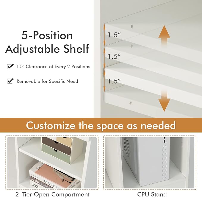 Tangkula White Desk with Drawer, Wooden Computer Desk with Pull-Out Keyboard Tray & Adjustable Storage Shelves, Modern Laptop PC Desk with CPU Stand, Writing Study Desk for Bedroom (White)