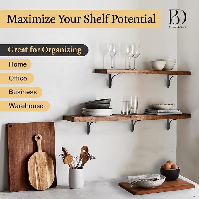 Classic Black Heavy Duty Shelf Brackets 12 inch by Balin Designs – L Bracket, Wall Mounted Support, Shelving Metal Bracket, Decorative Shelf Brackets, with Hardware Included, Set of 2