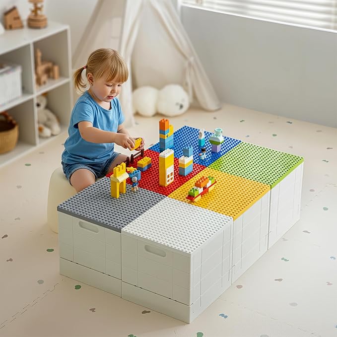 SHIMOYAMA Folding Storage Box with Building Baseplate Lid, 26 Qt. Collapsible Toy Organizer for Duplo Blocks, 25L Bolck Bins for Intermediate Size Mega Bloks, Kids Bricks Storage Box, Yellow