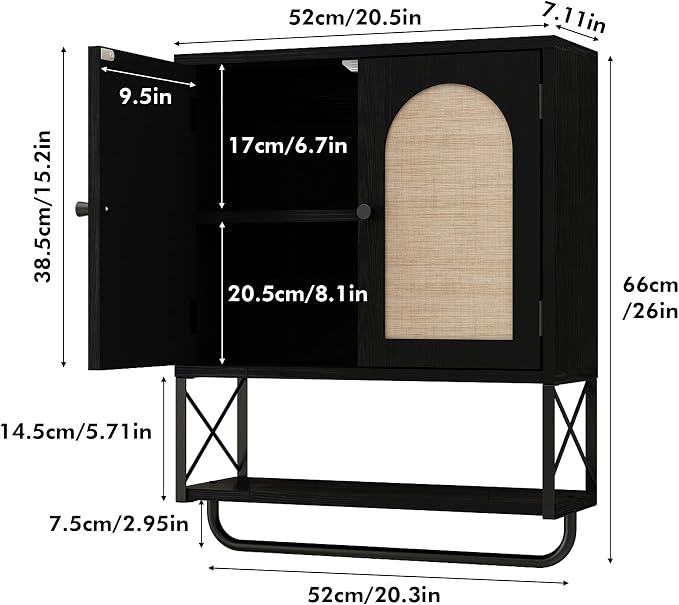 RUSTOWN Rattan Bathroom Wall Cabinet, Boho Over The Toilet Storage Cabinet | Arched Rattan Doors, Modern Medicine Cabinet, Adjustable Shelves, Towel Bar, Black
