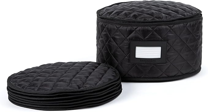 Covermates Keepsakes Dish Storage Case – Padded China & Dinnerware Organizer, Quilted Polyester Protection, ID Window, Zipper Closure, Machine Washable, Black