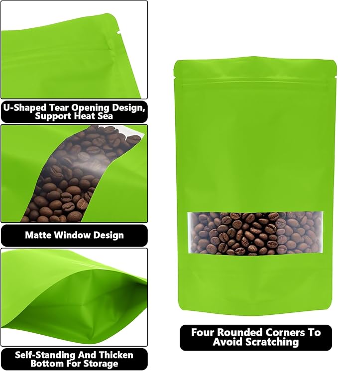 100PCS Foil Pouch Mylar Bags with Clear Window,ULIFESTAR Stand Up Sealable Bags with Tear Notches,Resealable for Food,Party Favors,Gift Packaging etc(10 * 15cm/3.94 * 5.91",Green)