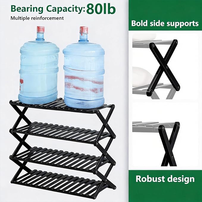 5 Tier Bamboo Shoe Rack Black,Portable Folding Shoe Storage Rack,Without Installation Small Shoe Rack Perfect for Corridors, Drom, Bedrooms and Small Spaces