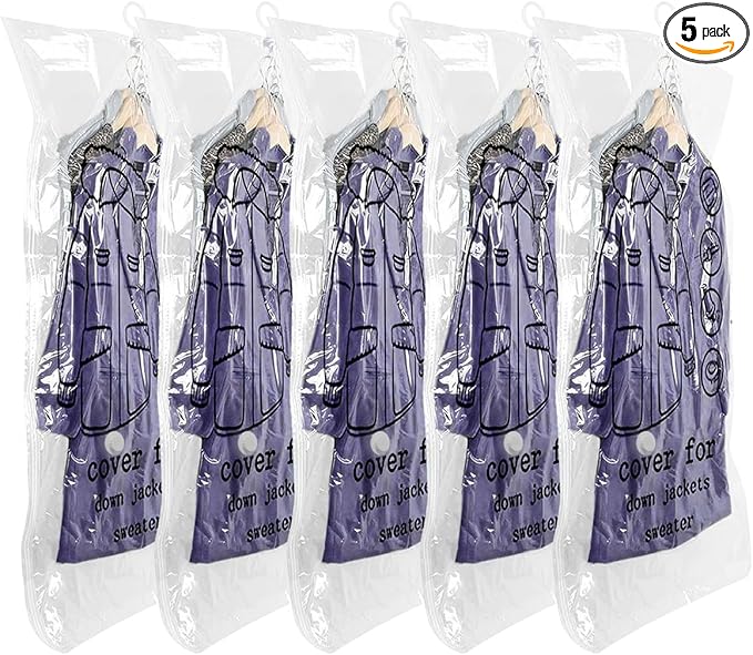 Hanging Vacuum Storage Bags 5 Pack, Space Saver Garment Bags 43.3 x27.6 inch, Vacuum Seal Bags for Clothing for Jacket, Suits, Dress, Clothing, Space Saver Bags With Hook