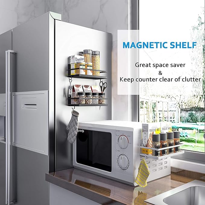 Magnetic Spice Rack with 4 Removable Hooks, Strong Magnet Spice Shelf for Spices, Cooking Oils, Salt, Pepper, Works Perfectly on the Side of Refrigerator for Small Kitchen/Apartment (Black)