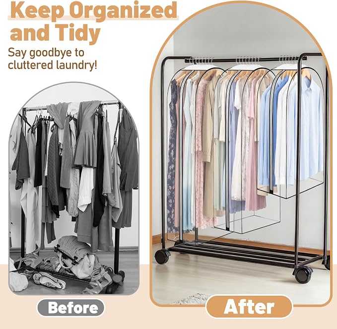 6 Pack Garment Bags for Hanging Clothes, 40"/50"/60" Suit Bags for Open Closet, 10" Gusseted Waterproof Dustproof Clothes Storage Closet, Dress, Coat, Travel(Transparent Style,Clear)