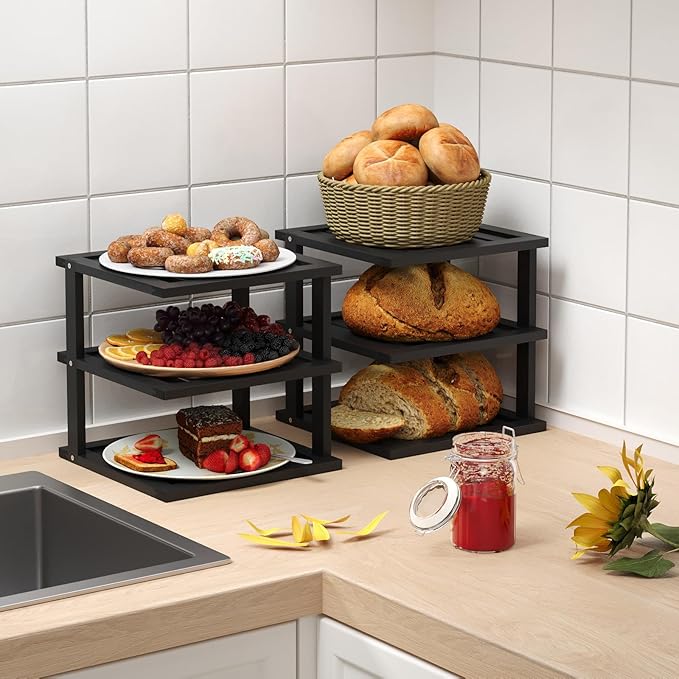 2 Pack Bamboo Corner Shelf,3 Tier Kitchen Cabinet Organizer for Plates and Dishes,Pantry Storage and Spice Rack（Black）