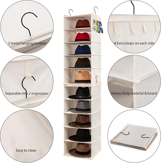 Hat Rack for Closet Organizer and Storage Fedora Hanging 10 Shelves