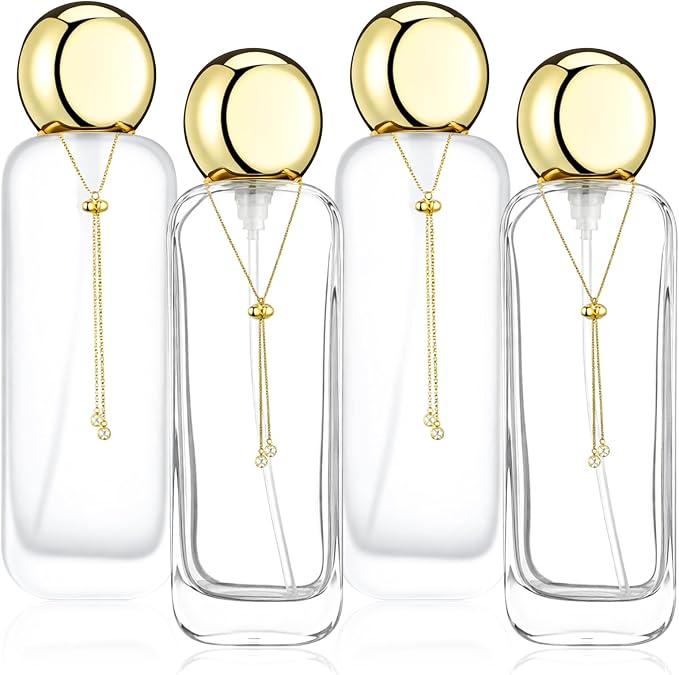 4 Pcs 4oz Luxury Glass Bottles with Pump Glass Toner Bottle with Gold Chain Perfume Spray Bottle Travel Lotion Vial with 2 Plastic Pump Head 2 Spray Head for Cosmetic Toner(Frosted and Clear)
