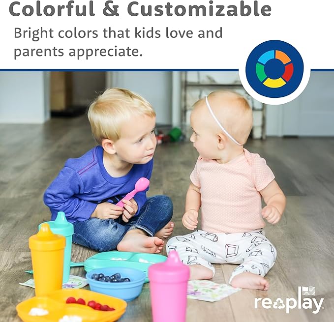Re-Play Toddler Plates with Dividers - Deep-Walled 3 Compartments Divided Plates for Kids - Dishwasher & Microwave Safe - Made in USA - Set of 4-7.37" x 7.37" x 1.25" - True Blue